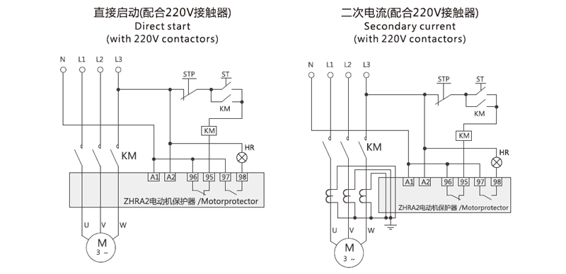 Wiring Diagram:Direct start(with 220V contactors),Direct start(with 380V contactors)
