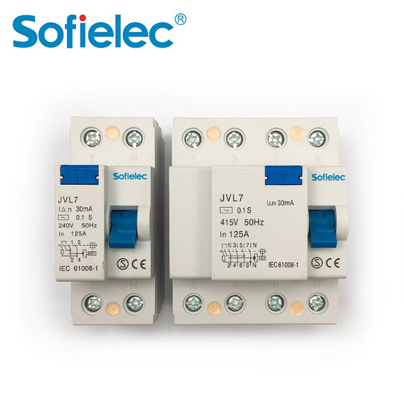 6kA JVL7 240V Sofielec Magnetic 100A 125A RCCB 2P 4P, SEMKO,CB,CE approval, A,AC type Residual Current Circuit Breaker