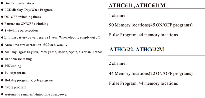 DescriptionDin Rail installation,LCD display,Day/Week Program,ON-OFF switching times,Permancnt ON/OFF switching,Switching Perselection