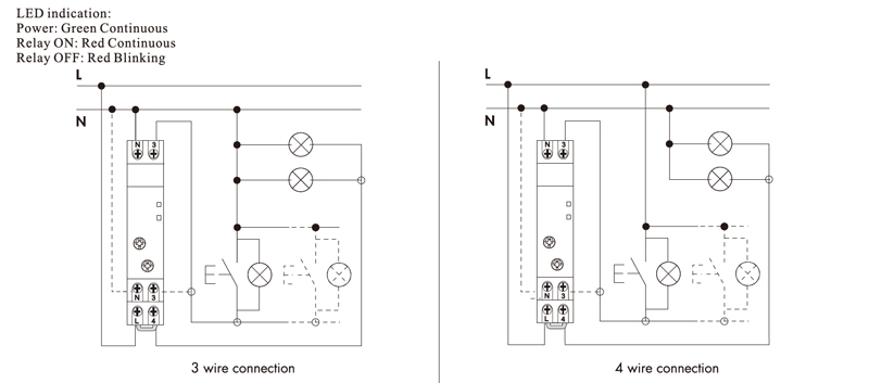 Wiring Diagrams:LED indication:Power:Green Continuous,Relay ON:Red Continuous,Relay OFF:Red Blinking