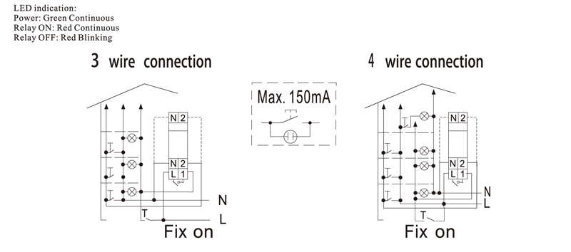 Wiring Diagrams:LED indication:Power:Green Continuous,Relay ON:Red Continuous,Relay OFF:Red Blinking