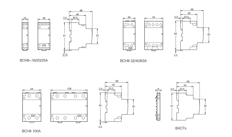 Dimensions:DCH8-16/20/25A,DCH8 32/40/63A,BCH8 100A,BACTs