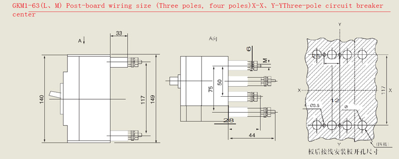 GKM1- -63(L、MD) Post- -board wiring size (Three poles, four poles)X- X、Y- YThree pole circuit breaker center