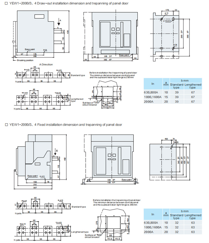 YEW1-2000/3、4 Draw-out installation dimension and trepanning of panel door