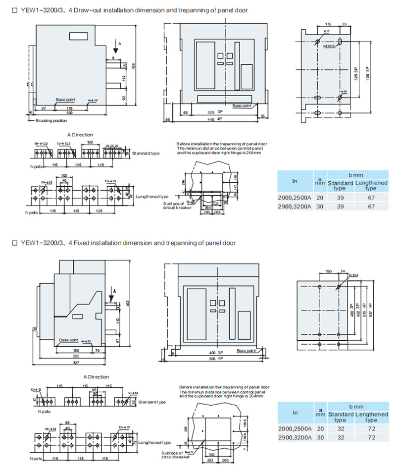 YEW1-3200/3、4 Draw-out installation dimension and trepanning of panel door