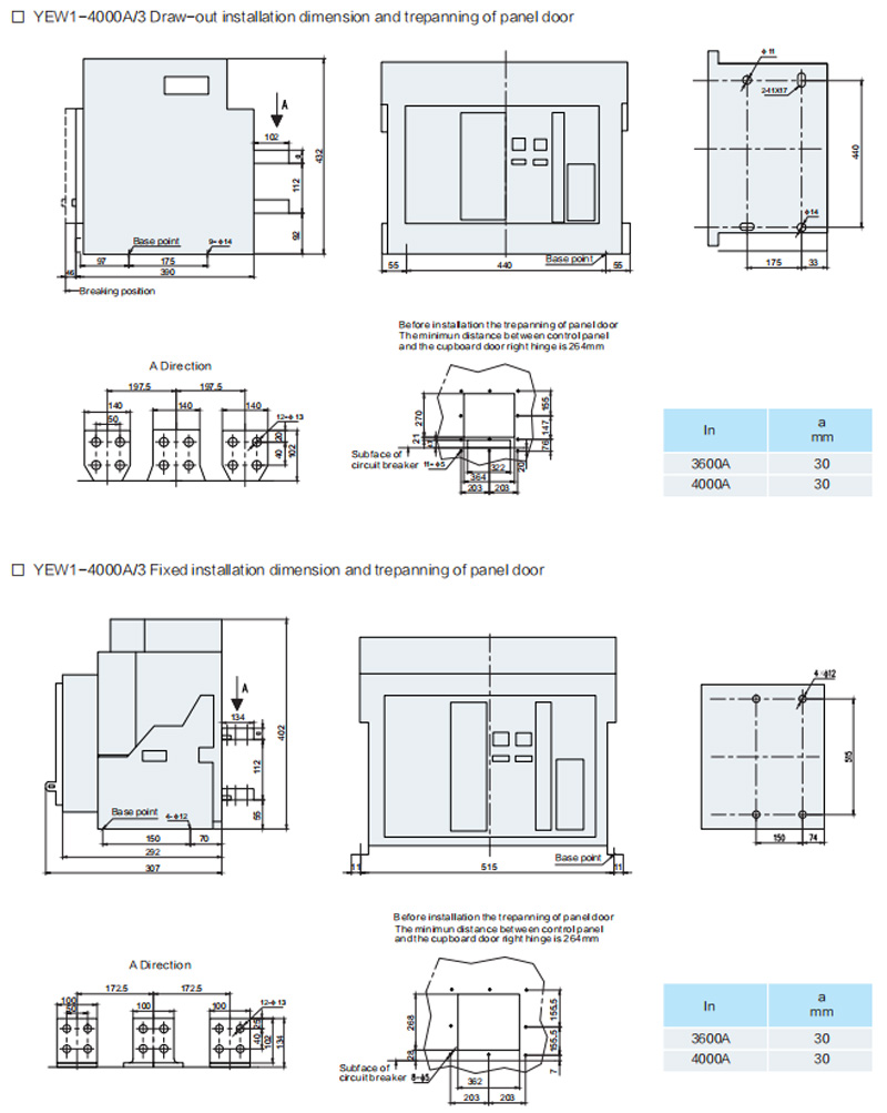 YEW1-4000A/3 Draw-out installation dimension and trepanning of panel door