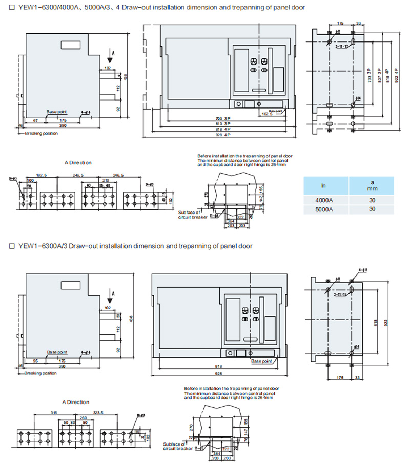 YEW1-4000A/3 Draw-out installation dimension and trepanning of panel door