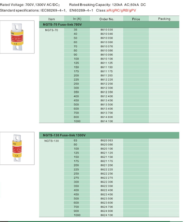 Rated Voltage:700V,1300V AC/DC;Rated Breaking Capacity:120kA AC;50kA DC