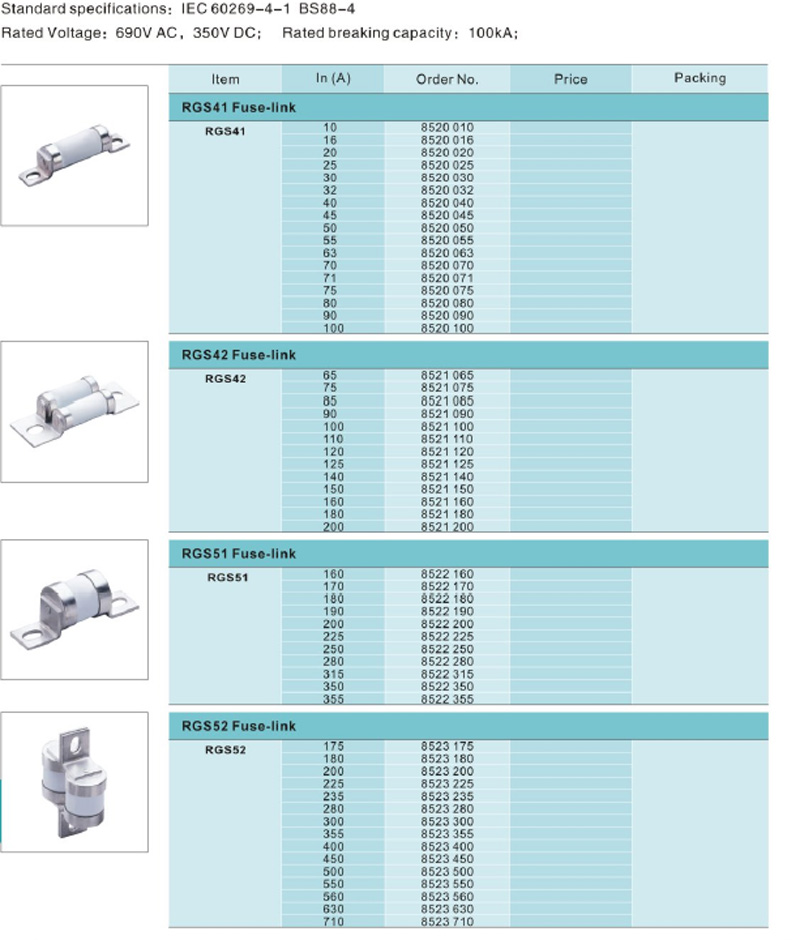 RGS4,RGS5(LSCB)Type:Standard specififcations:IEC 60269-4-1 BS88-4