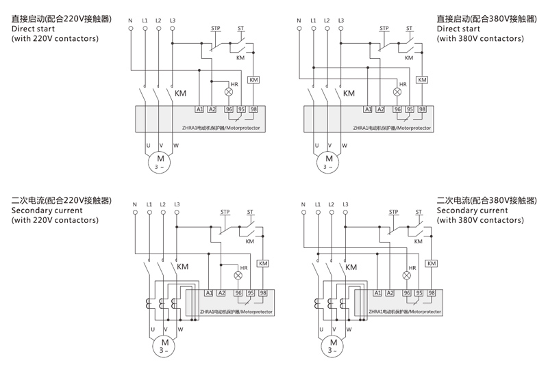 Wiring Diagram:Direct start(with 220V contactors),Direct start(with 380V contactors),Secondary current(with 220V contactors,Secondary current(with 380V contactors)