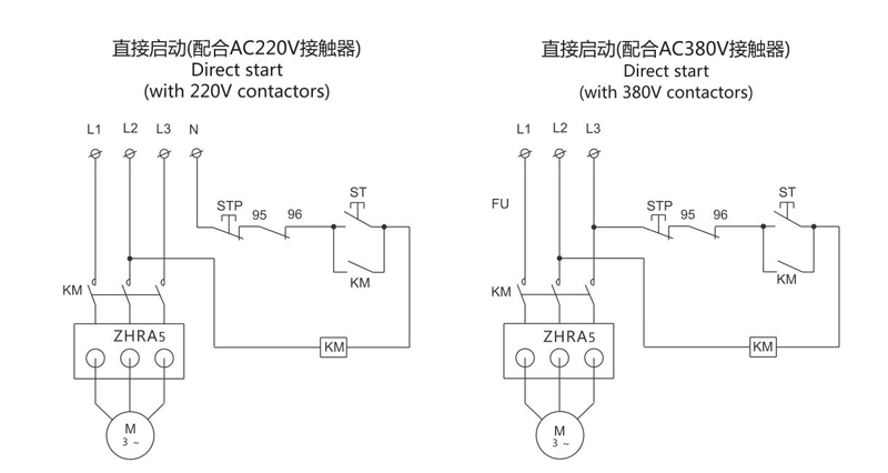 Wiring Diagram:Direct start(with 220V contactors),Direct start(with 380V contactors)