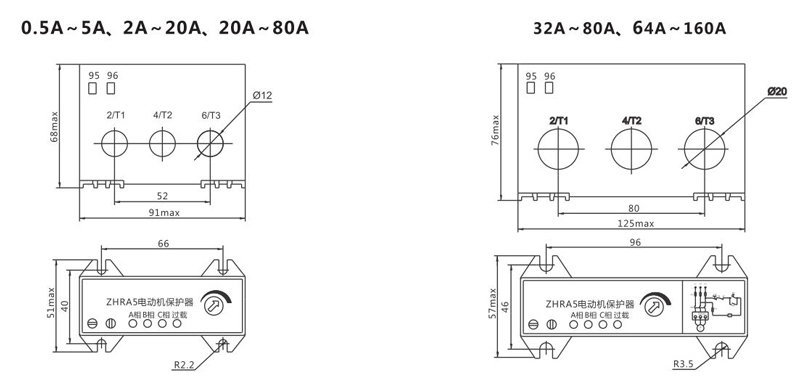 Dimensions0.5A~5A、2A~20A、20A~80A;32A~80A、64A~160A