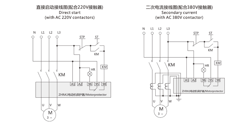 Wiring Diagram:Direct start(with AC 220V contactors),Direct start(with AC 380V contactors)