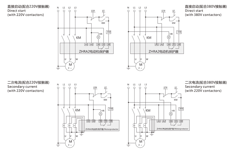 Wiring Diagram:Direct start(with 220V contactors),Direct start(with 380V contactors),Secondary current(with 220V contactors,Secondary current(with 380V contactors)