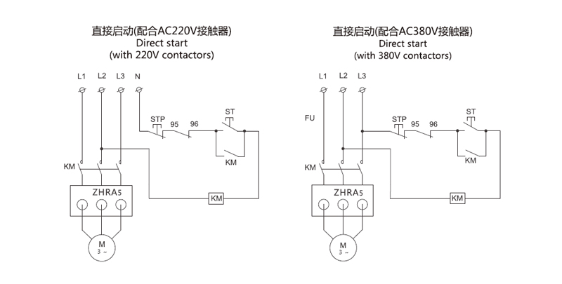 Wiring Diagram:Direct start(with 220V contactors),Direct start(with 380V contactors)