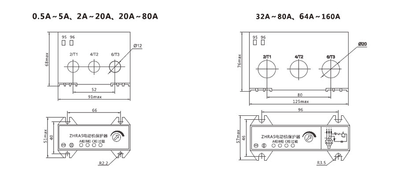 Dimensions0.5A~5A、2A~20A、20A~80A;32A~80A、64A~160A