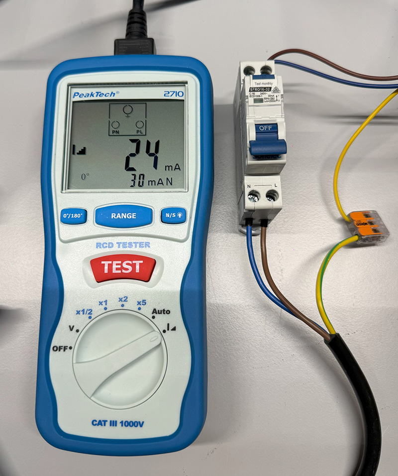 RCBO (Residual Current Operated Circuit Breaker) Test result display
